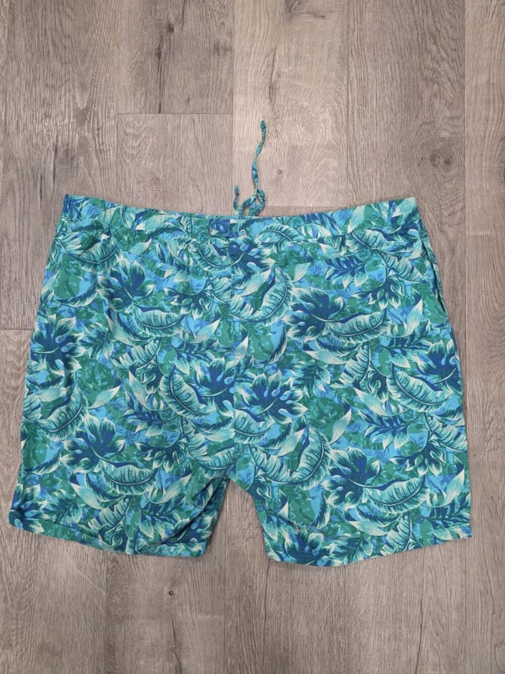 Caribbean Joe Mens Tropical Leaf Swim Shorts 2X Blue Green Elastic Waist Drawstr